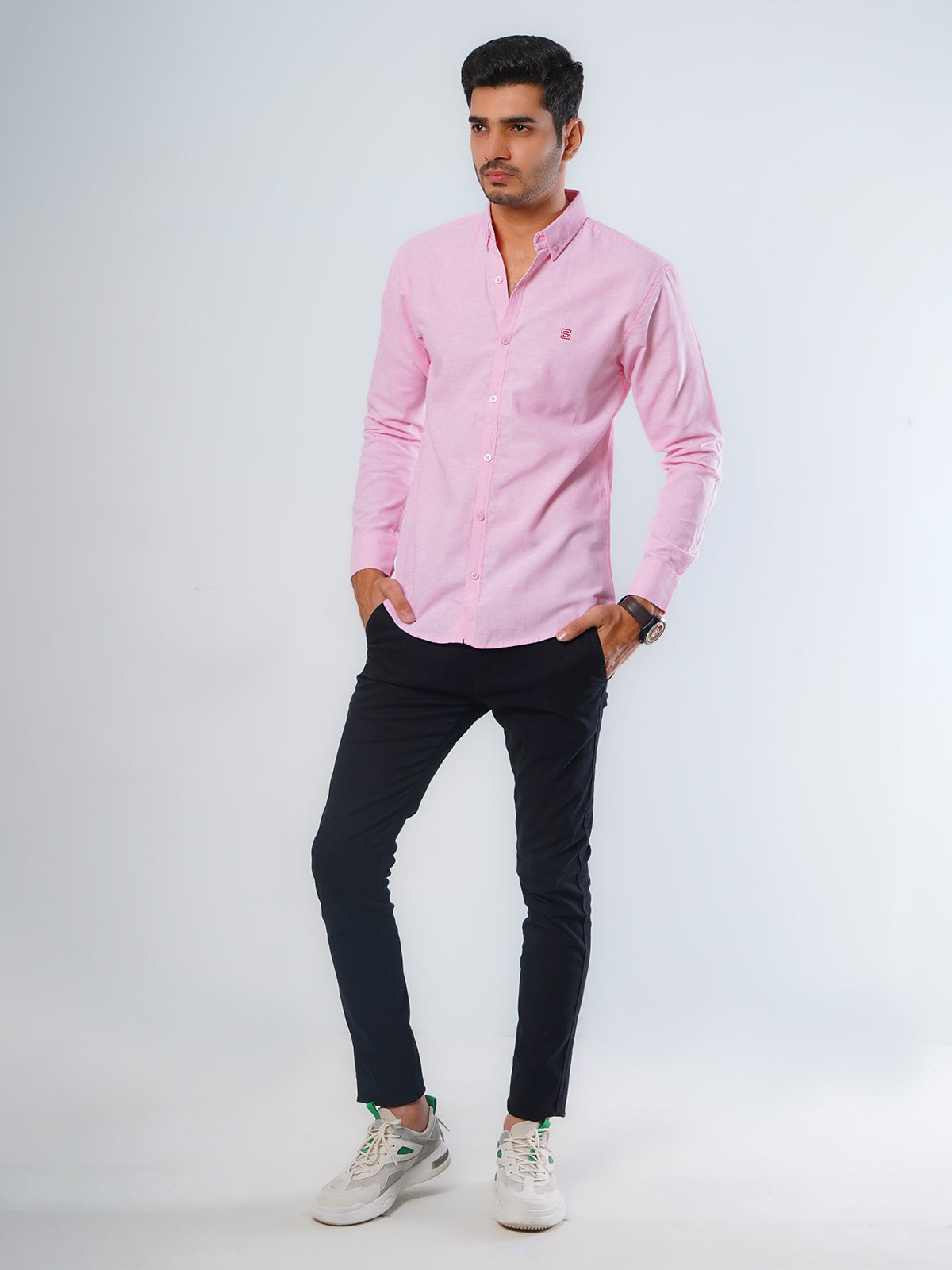 Light Pink Self Button Down Casual Shirt (CSB-117)
