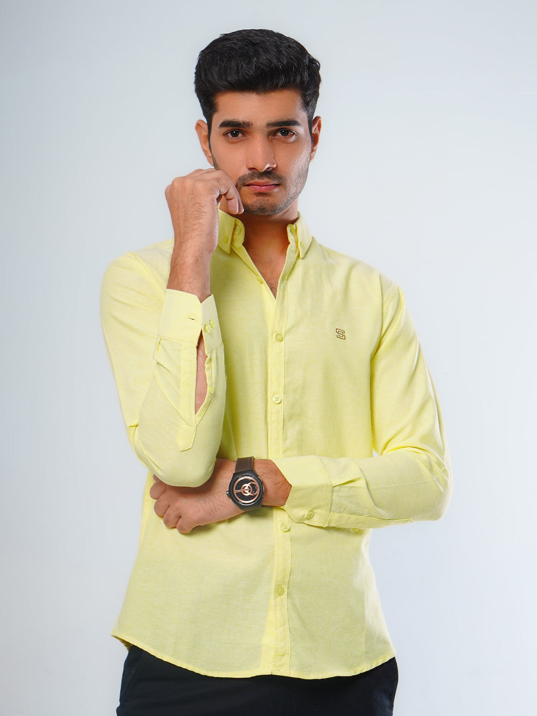 Yellow Self Button Down Casual Shirt (CSB-118)