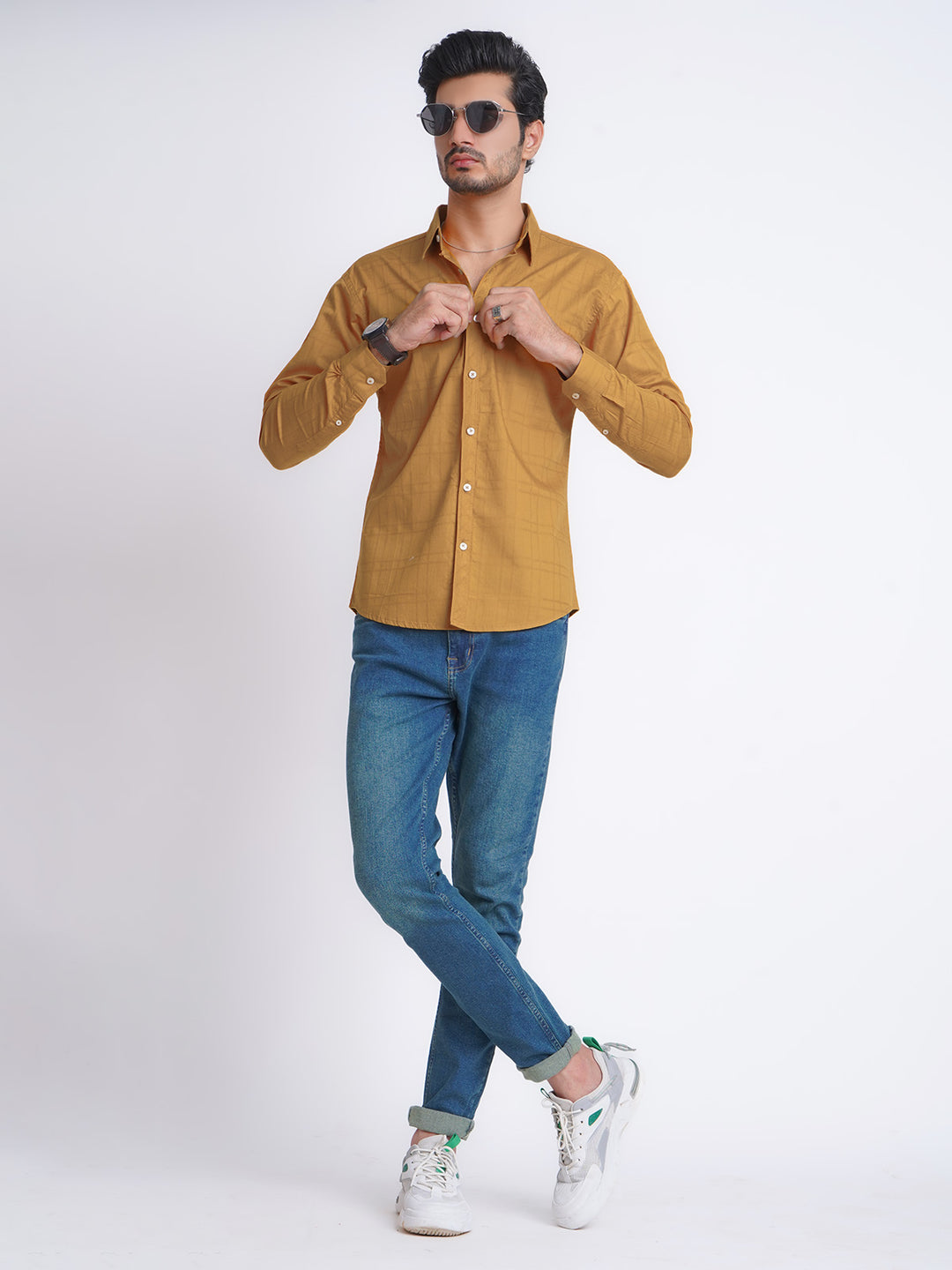 Mustard Dobby Self Button Down Casual Shirt (CSB-148)