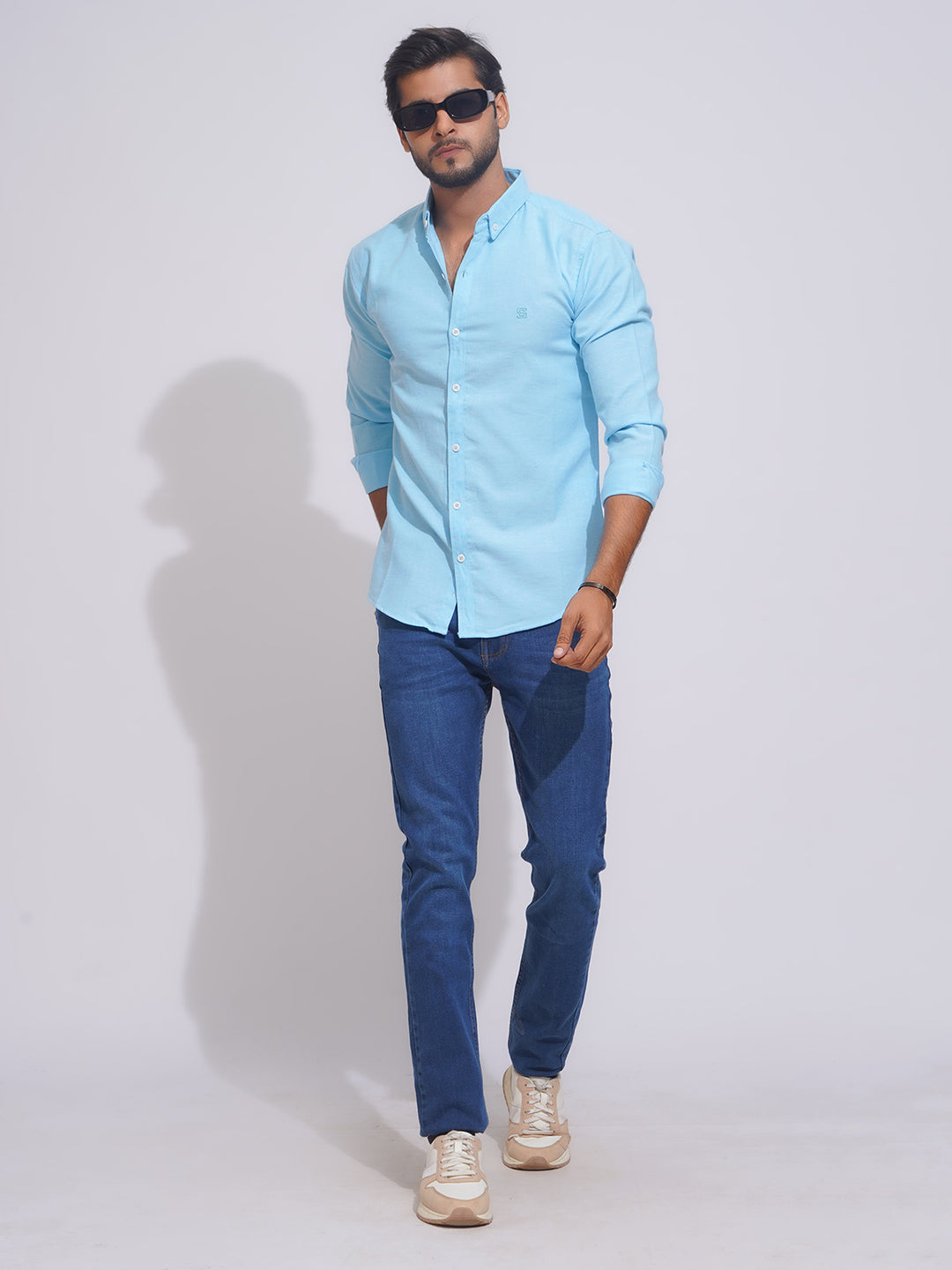 Sky Blue Self Button Down Casual Shirt (CSB-152)