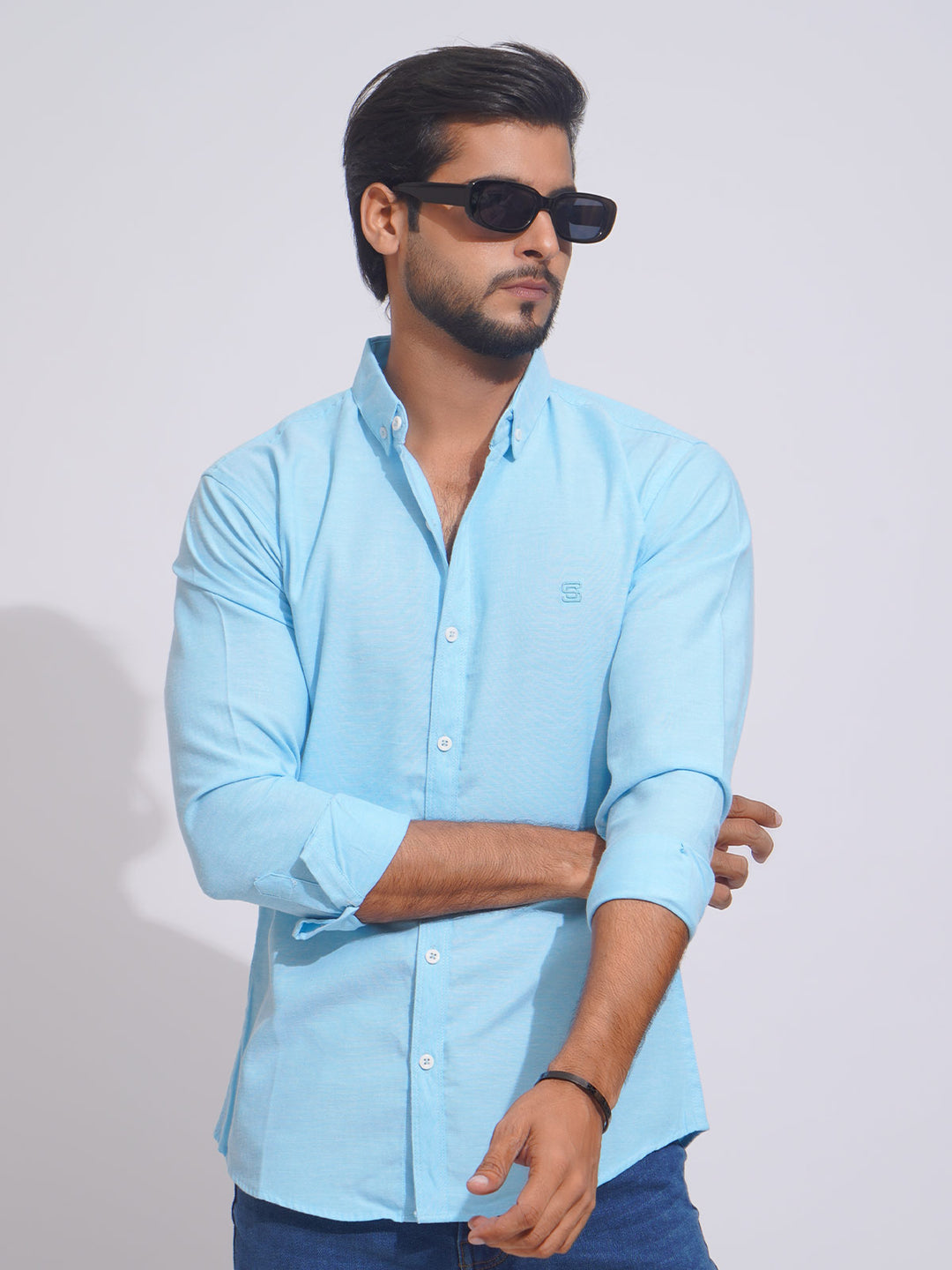 Sky Blue Self Button Down Casual Shirt (CSB-152)