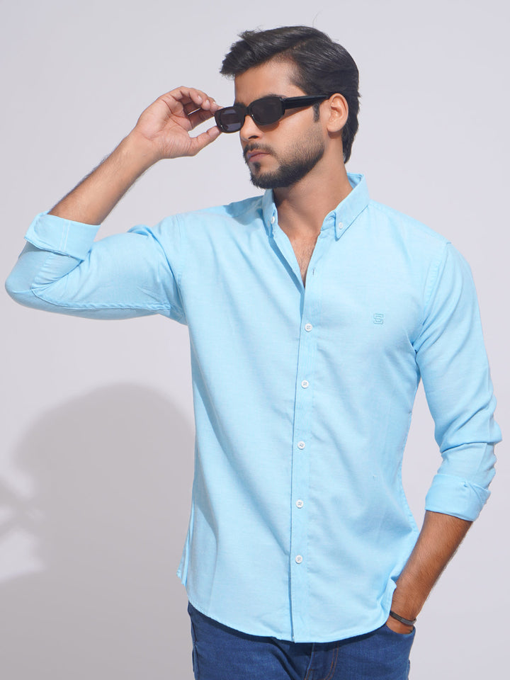 Sky Blue Self Button Down Casual Shirt (CSB-152)