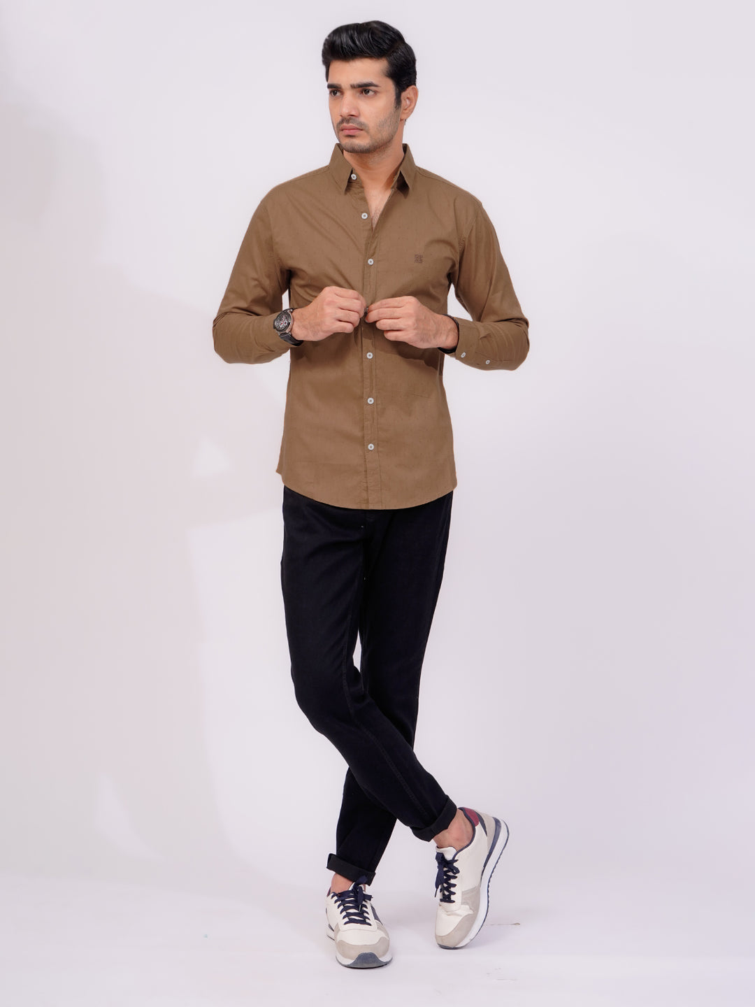 Brown Self  Button Down Casual Shirt (CSB-158)