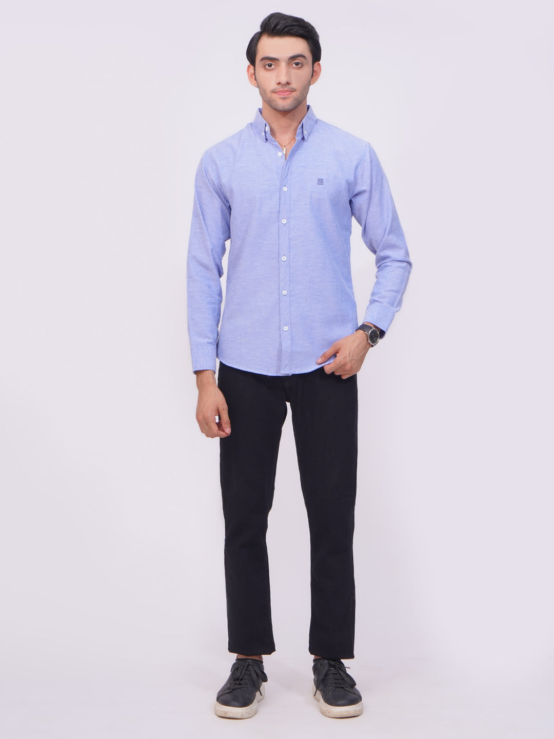 Blue Self Button Down Casual Shirt (CSB-173)