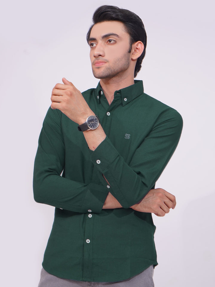 Bottle Green Self Button Down Casual Shirt (CSB-176)