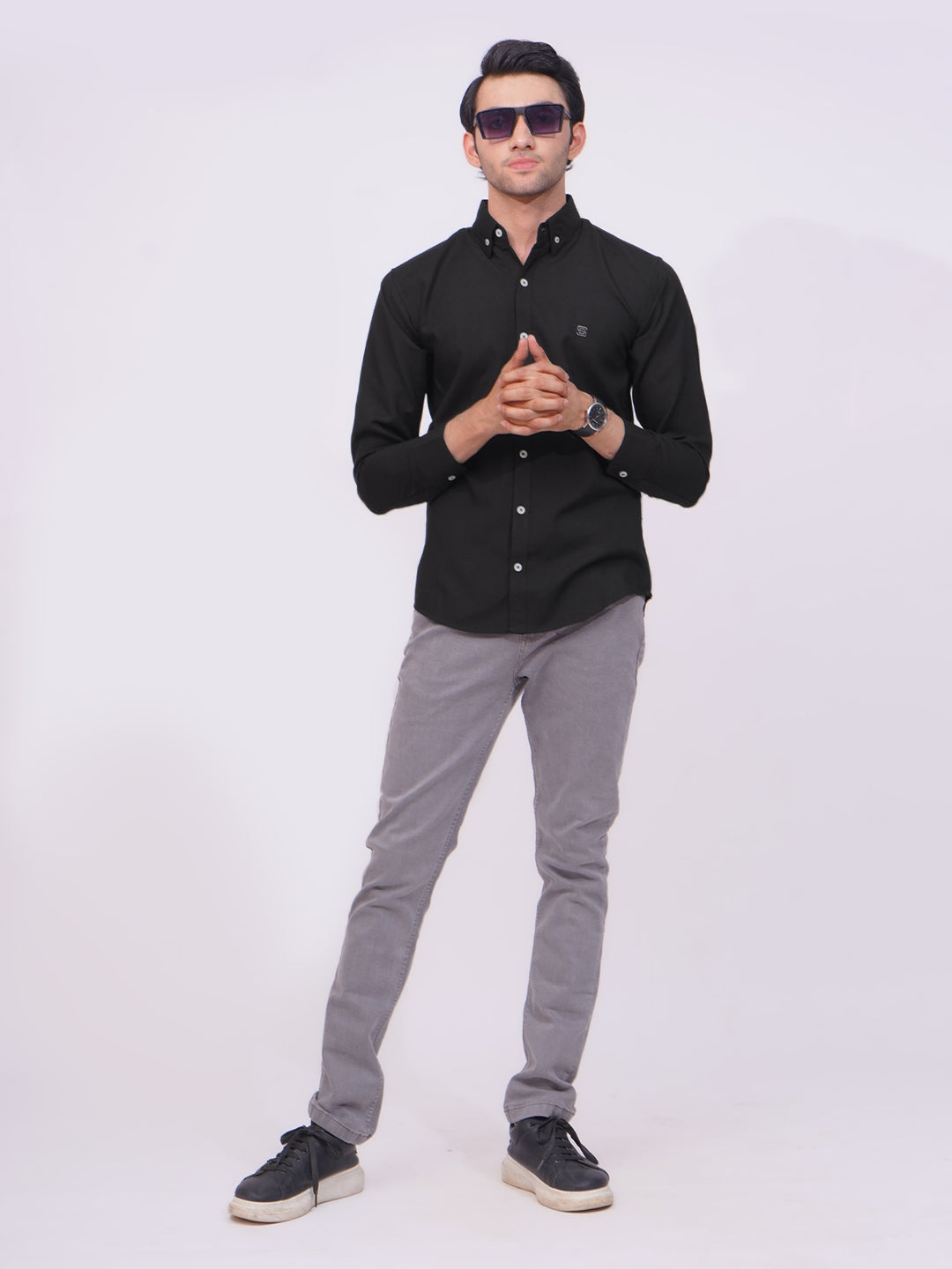 Black Plain Button Down Casual Shirt (CSB-177)