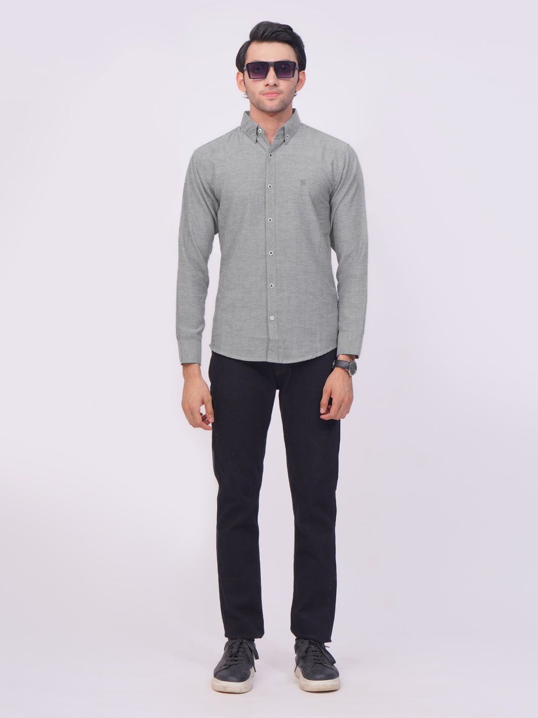 Grey Self Button Down Casual Shirt (CSB-182)