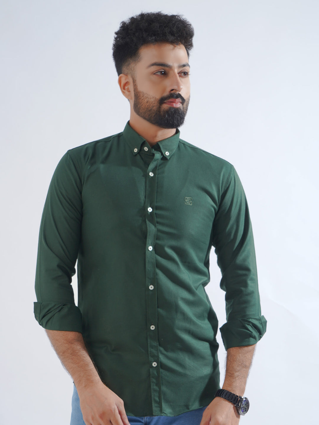 Bottle Green Plain Button Down Casual Shirt (CSB-202)