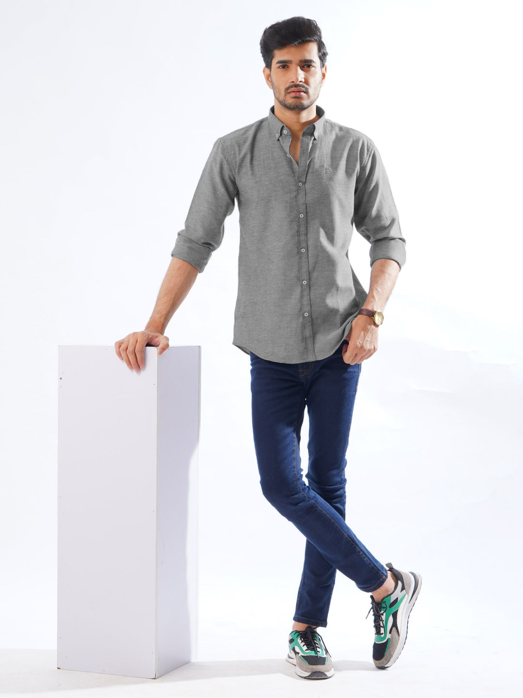 Grey Self Button Down Casual Shirt (CSB-206)