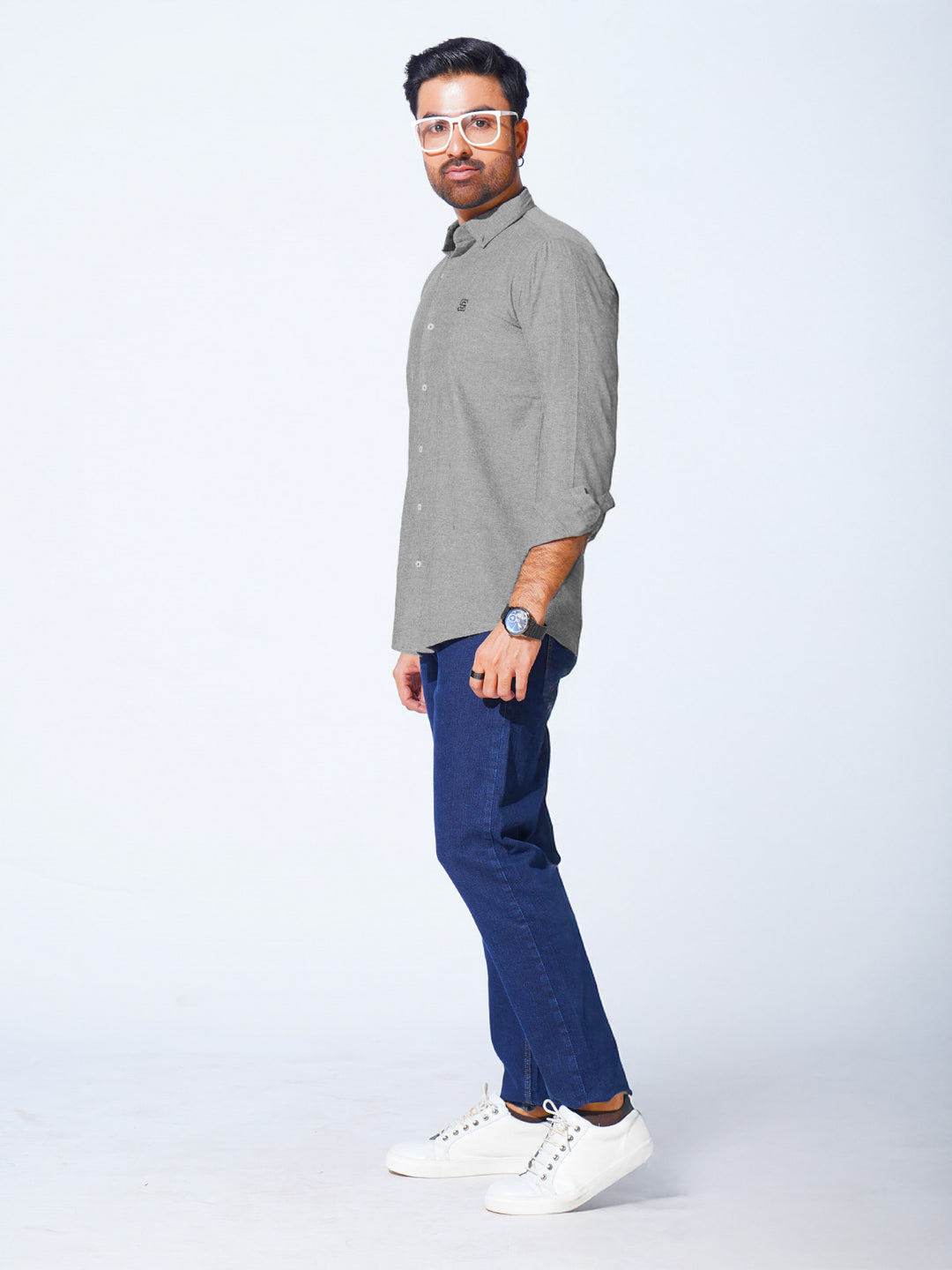 Dark Grey Self Button Down Casual Shirt (CSB-210)