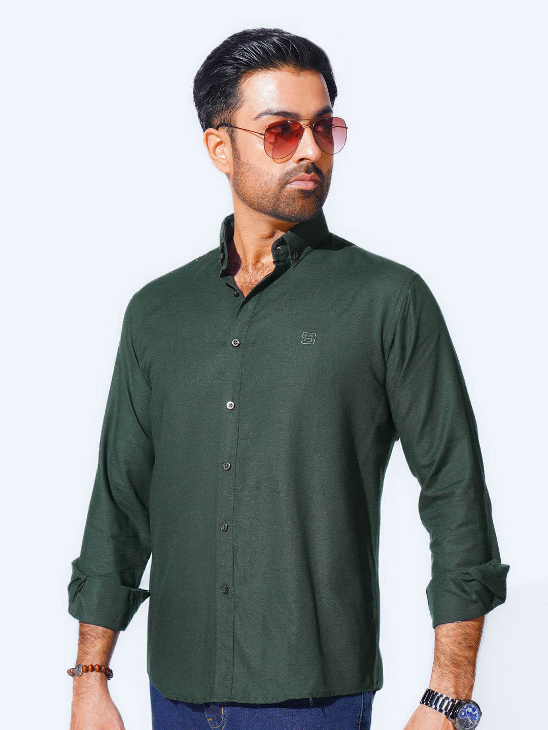 Bottle Green Plain Button Down Casual Shirt (CSB-213)