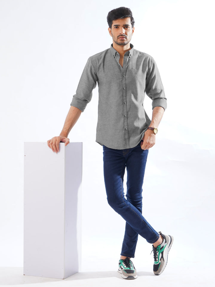 Grey Self Button Down Casual Shirt (CSB-215)