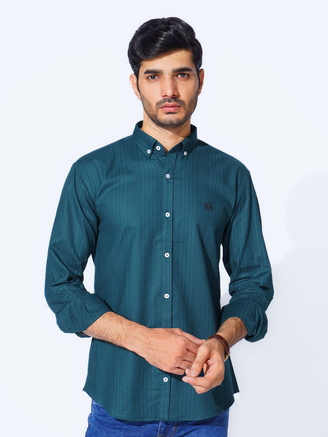 Teal Self Button Down Casual Shirt (CSB-220)