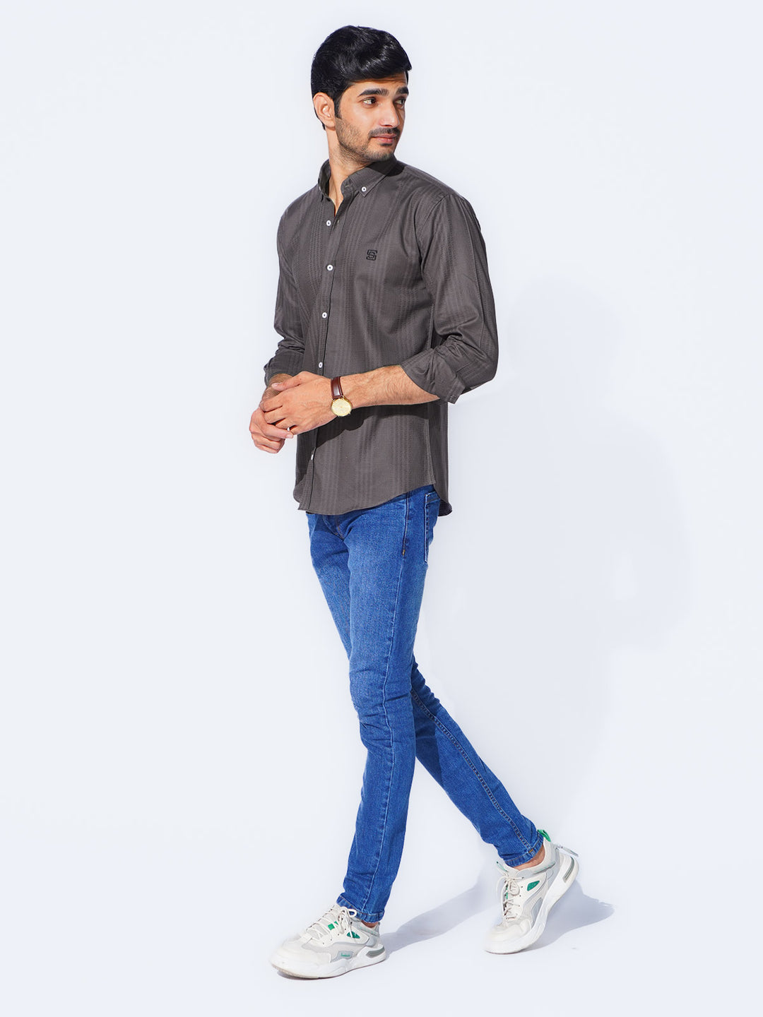 Dark Grey Self Button Down Casual Shirt (CSB-225)