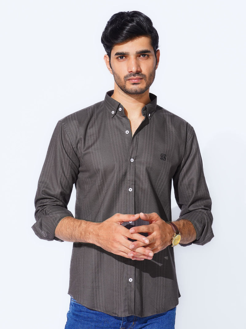 Dark Grey Self Button Down Casual Shirt (CSB-225)