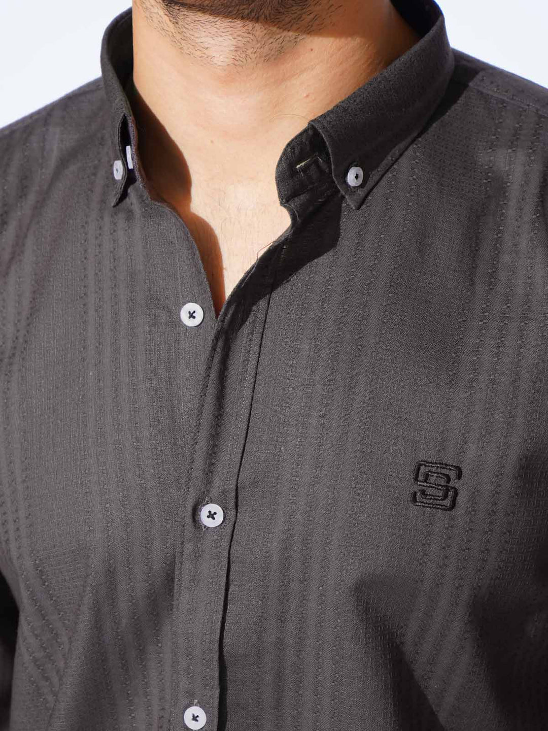 Dark Grey Self Button Down Casual Shirt (CSB-225)