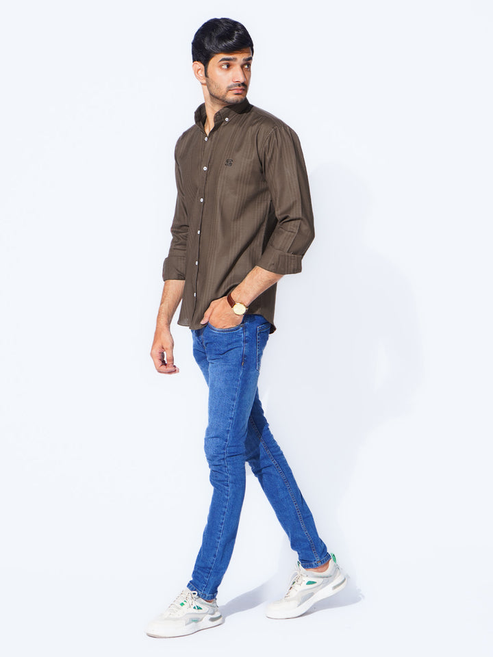 Dark Brown Self Button Down Casual Shirt (CSB-227)