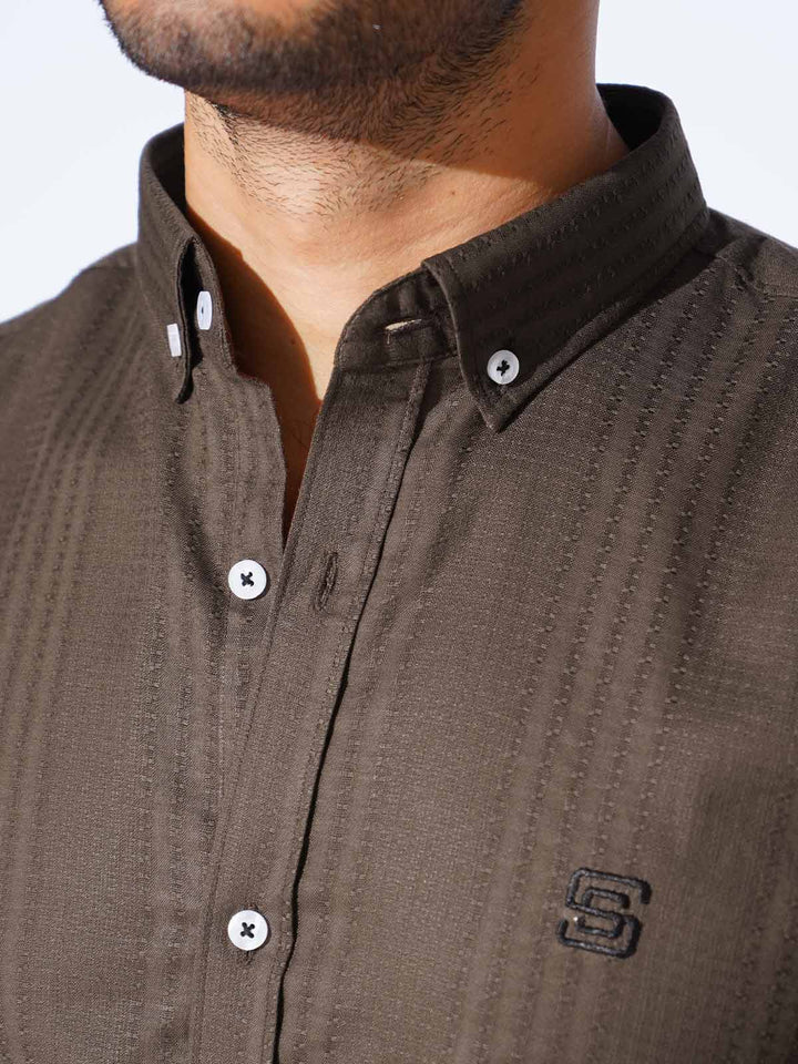 Dark Brown Self Button Down Casual Shirt (CSB-227)