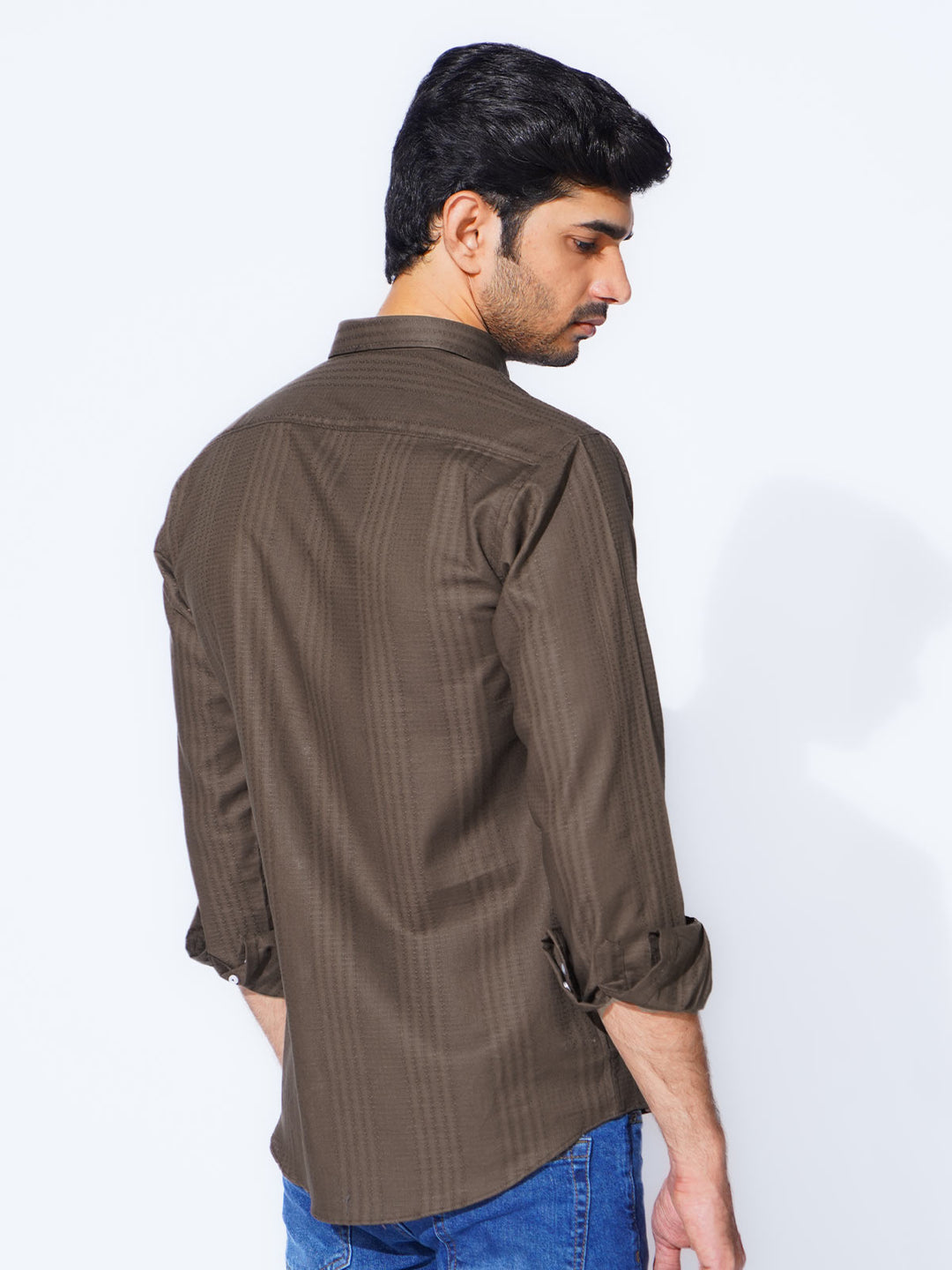 Dark Brown Self Button Down Casual Shirt (CSB-227)