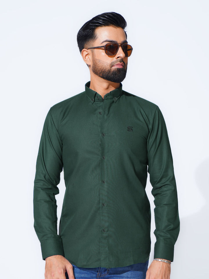 Bottle Green Self Button Down Casual Shirt (CSB-235)