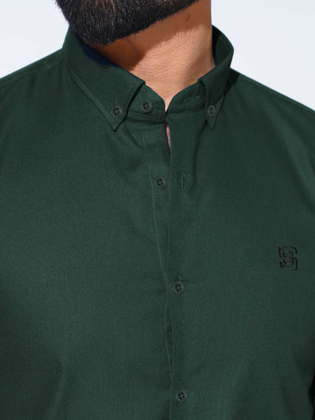 Bottle Green Self Button Down Casual Shirt (CSB-235)