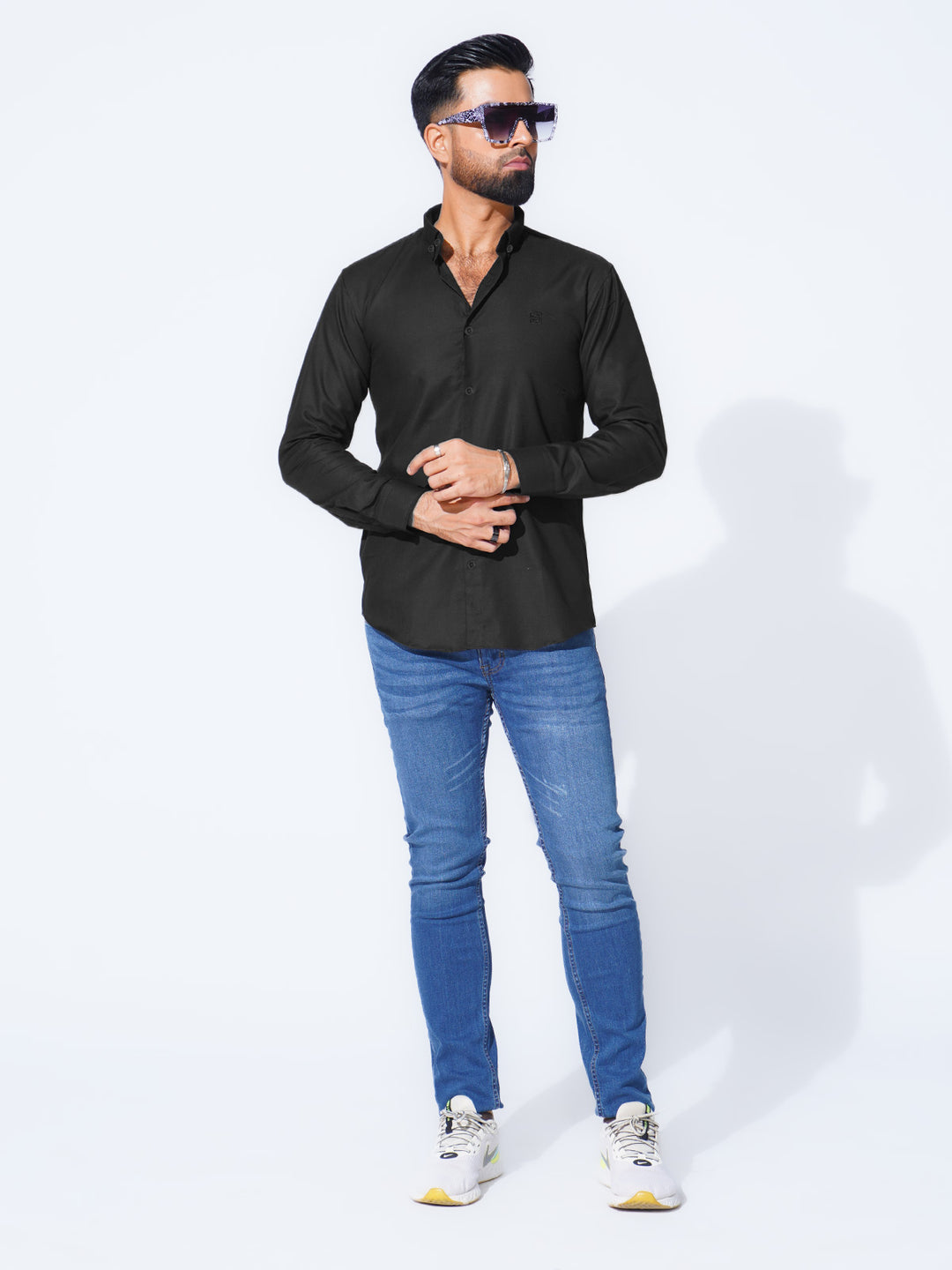 Black Self Button Down Casual Shirt (CSB-238)