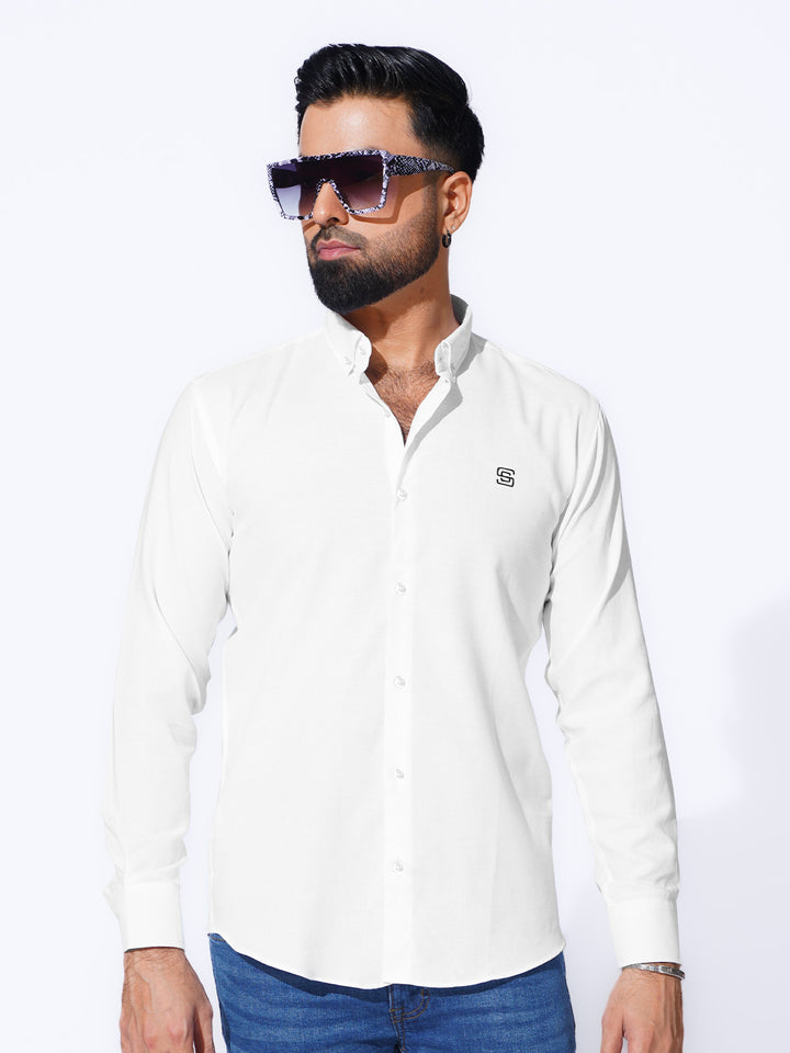 White Self Button Down Casual Shirt (CSB-241)