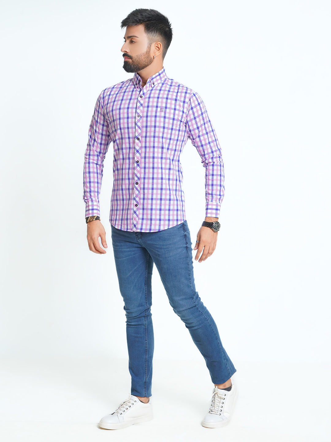 Blue & Purple Self Check Button Down Casual Shirt (CSC-059)