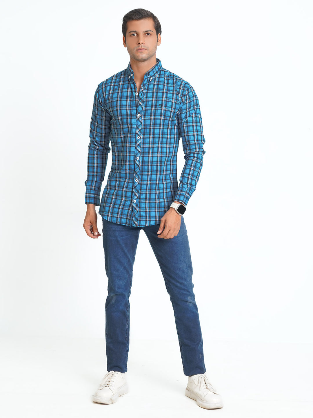 Royal Blue & Black Check Button Down Casual Shirt (CSC-063)