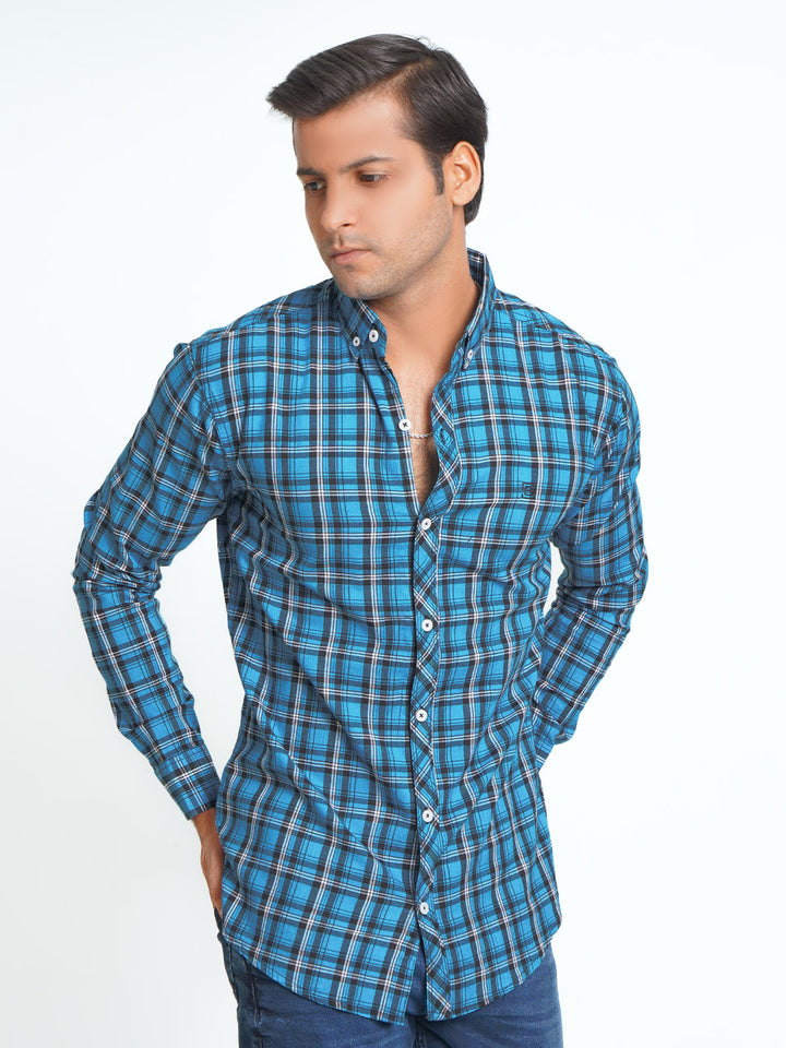 Royal Blue & Black Check Button Down Casual Shirt (CSC-063)