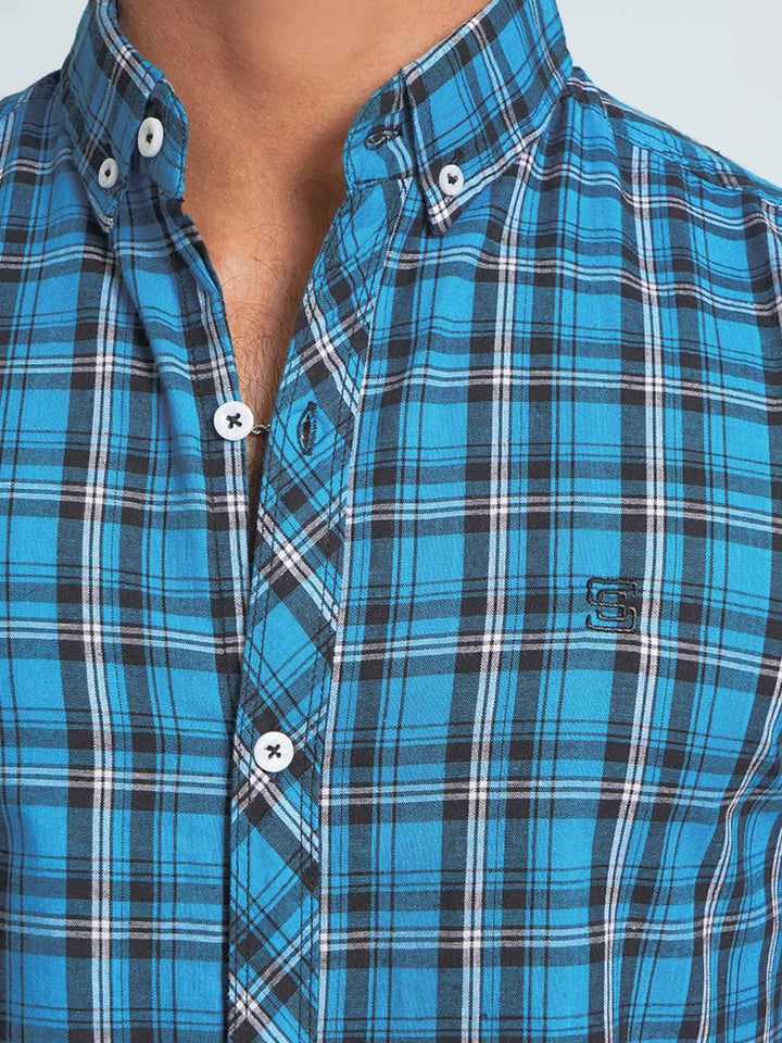 Royal Blue & Black Check Button Down Casual Shirt (CSC-063)