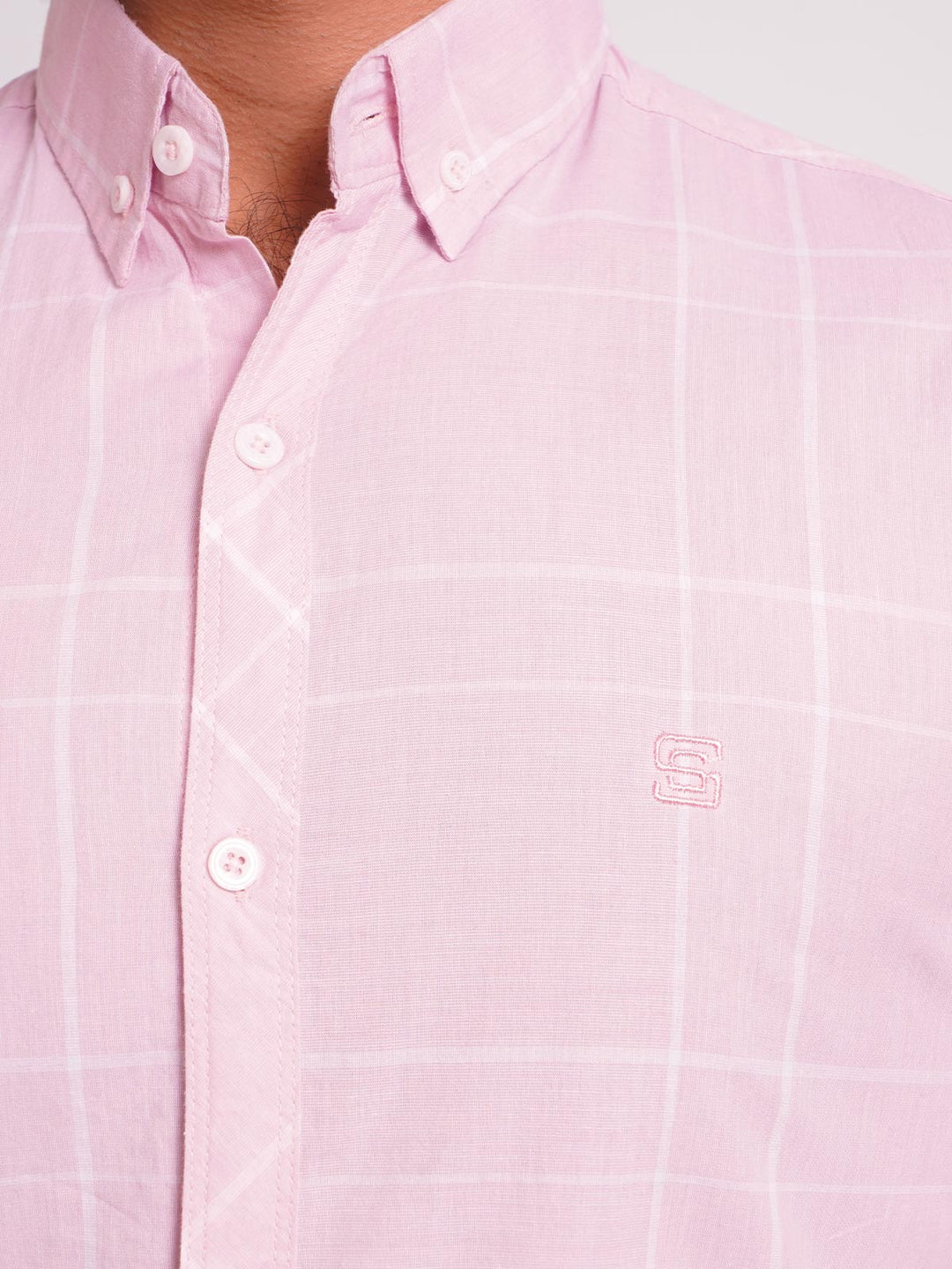 Pink Self Check Button Down Casual Shirt (CSC-068)