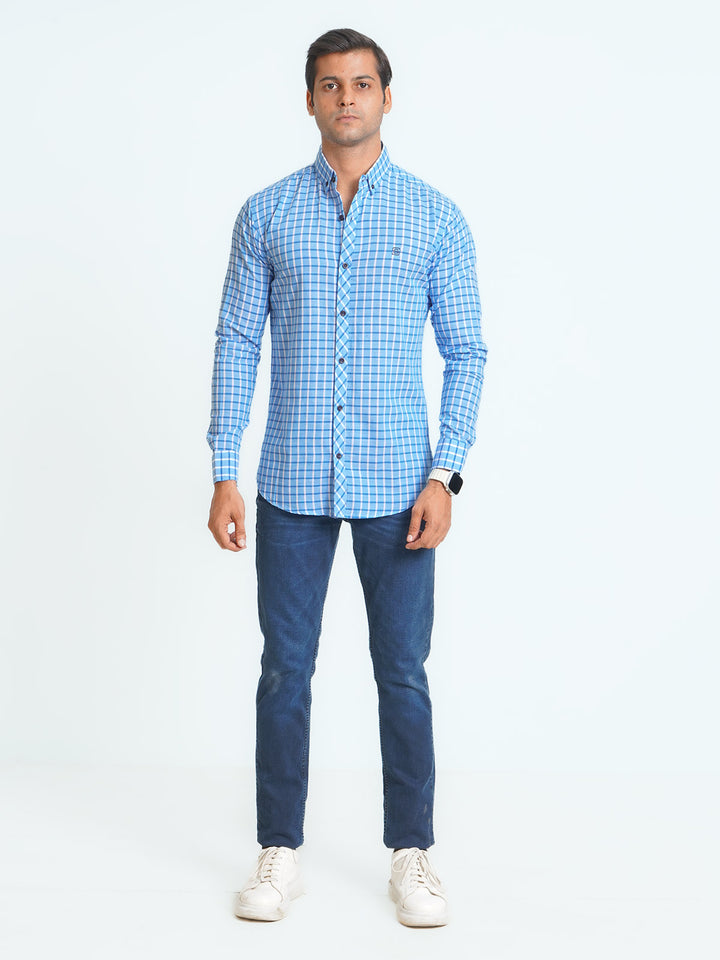 Blue & White Check Button Down Casual Shirt (CSC-072)