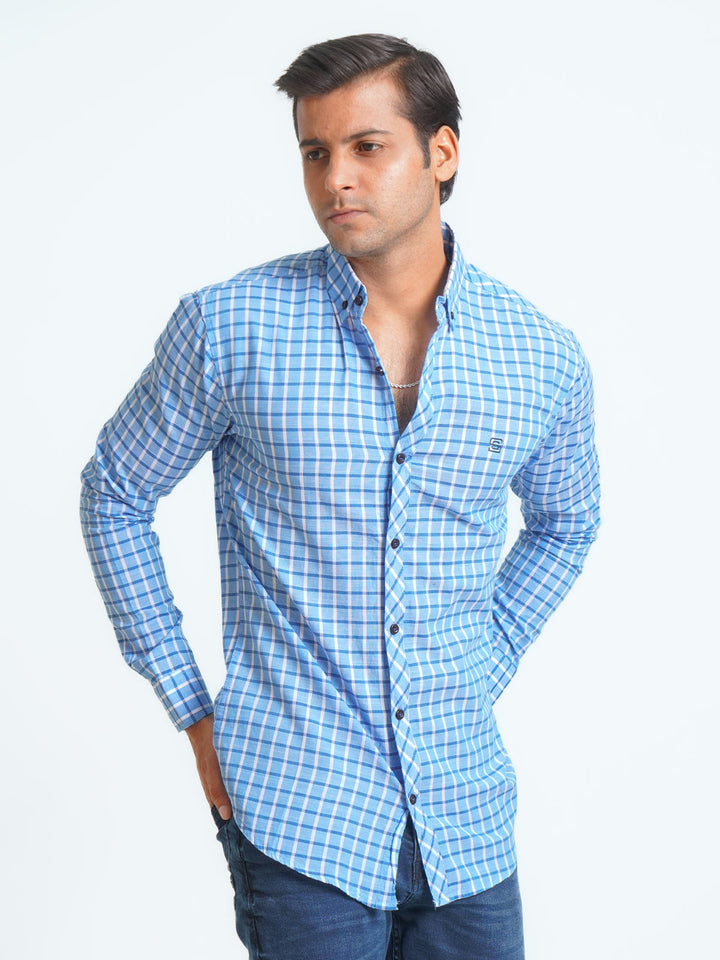 Blue & White Check Button Down Casual Shirt (CSC-072)