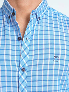 Blue & White Check Button Down Casual Shirt (CSC-072)