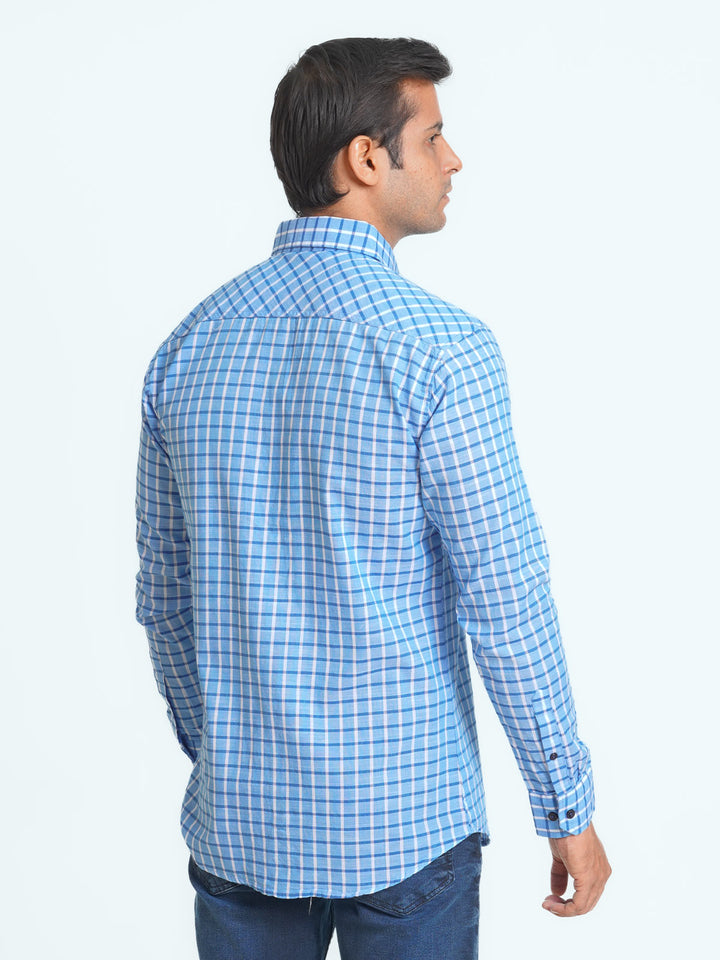 Blue & White Check Button Down Casual Shirt (CSC-072)