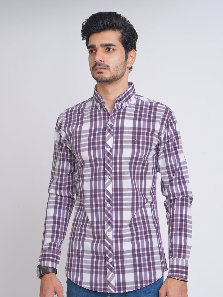 Purple & White Check Button Down Casual Shirt (CSC-079)