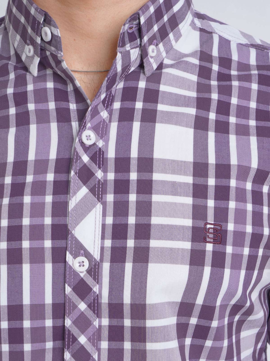 Purple & White Check Button Down Casual Shirt (CSC-079)