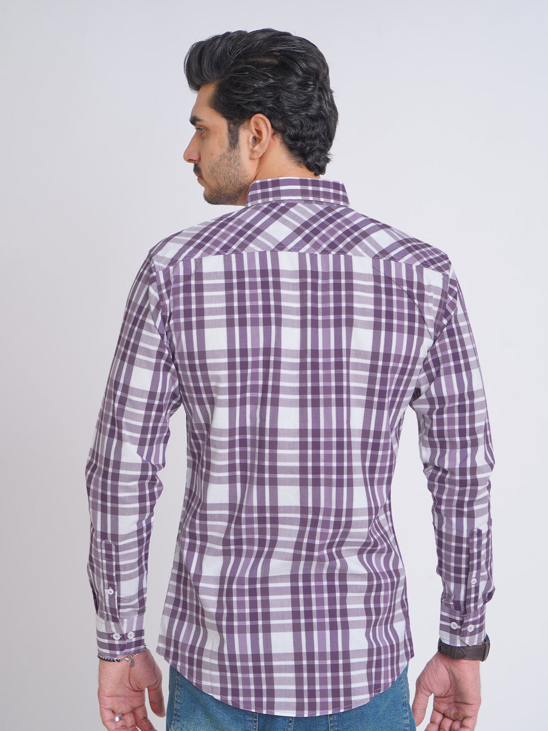 Purple & White Check Button Down Casual Shirt (CSC-079)