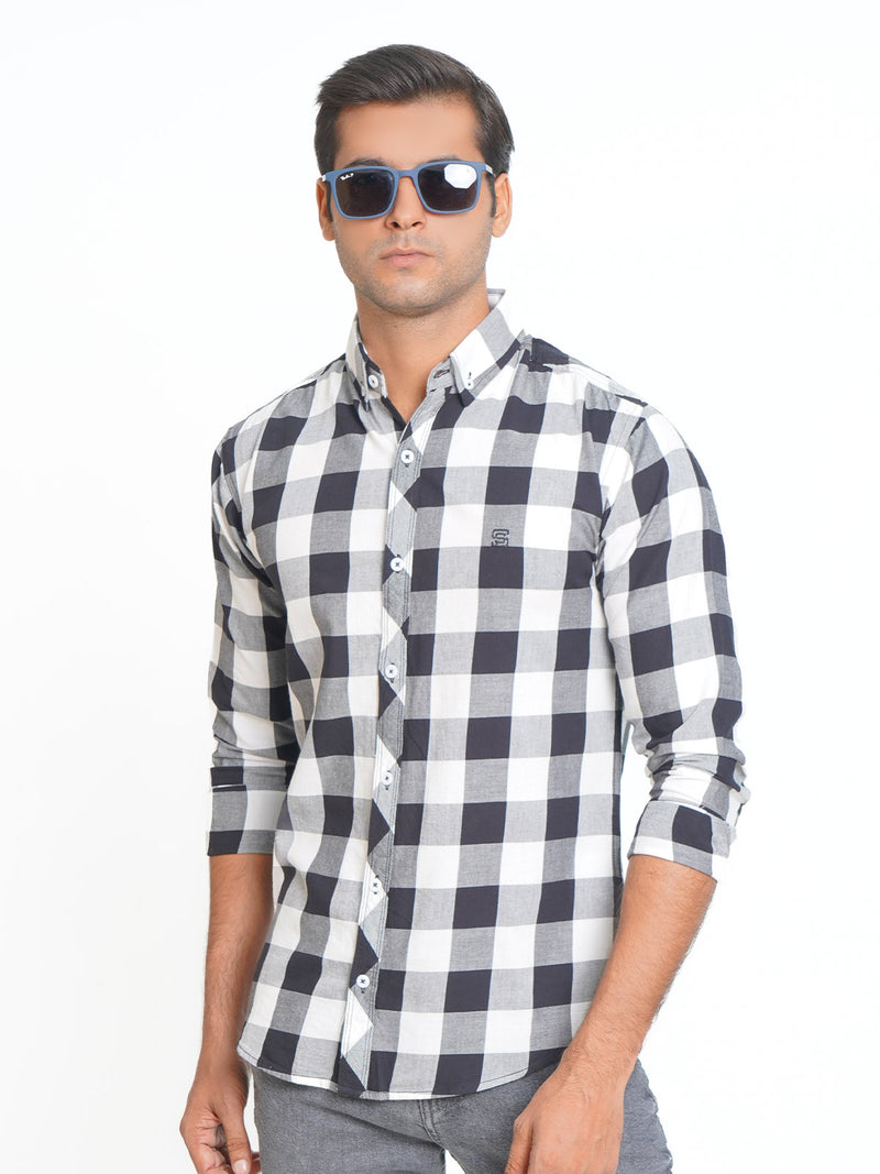 Black & White Check Button Down Casual Shirt (CSC-084)