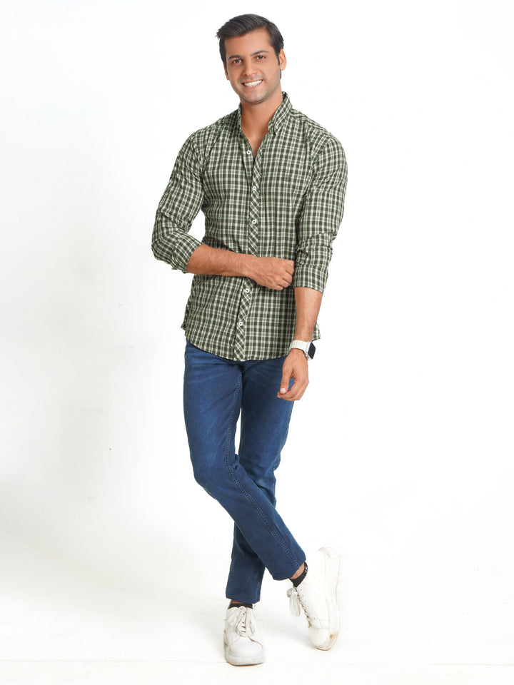 Olive Green Check Button Down Casual Shirt (CSC-085)