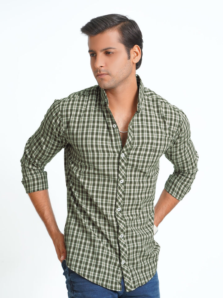 Olive Green Check Button Down Casual Shirt (CSC-085)