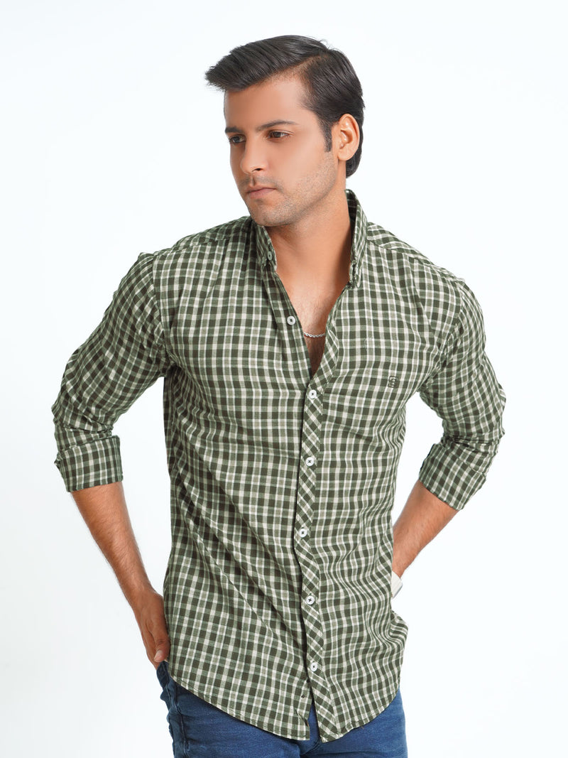 Olive Green Check Button Down Casual Shirt (CSC-085)