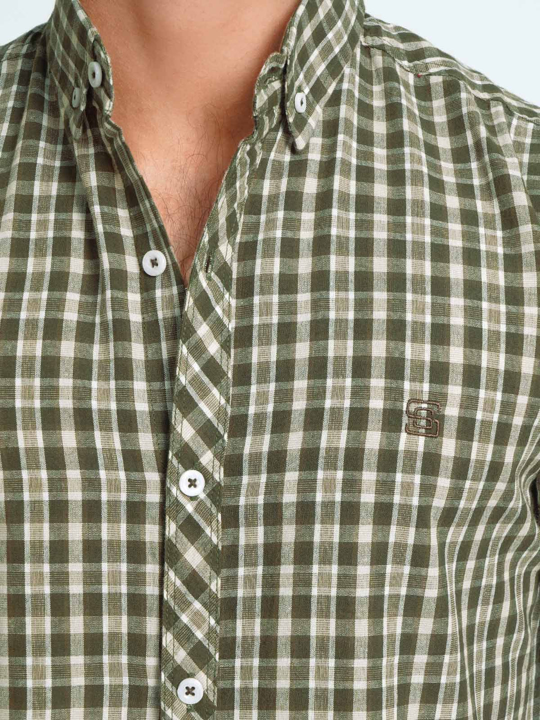 Olive Green Check Button Down Casual Shirt (CSC-085)