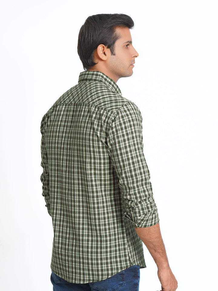 Olive Green Check Button Down Casual Shirt (CSC-085)