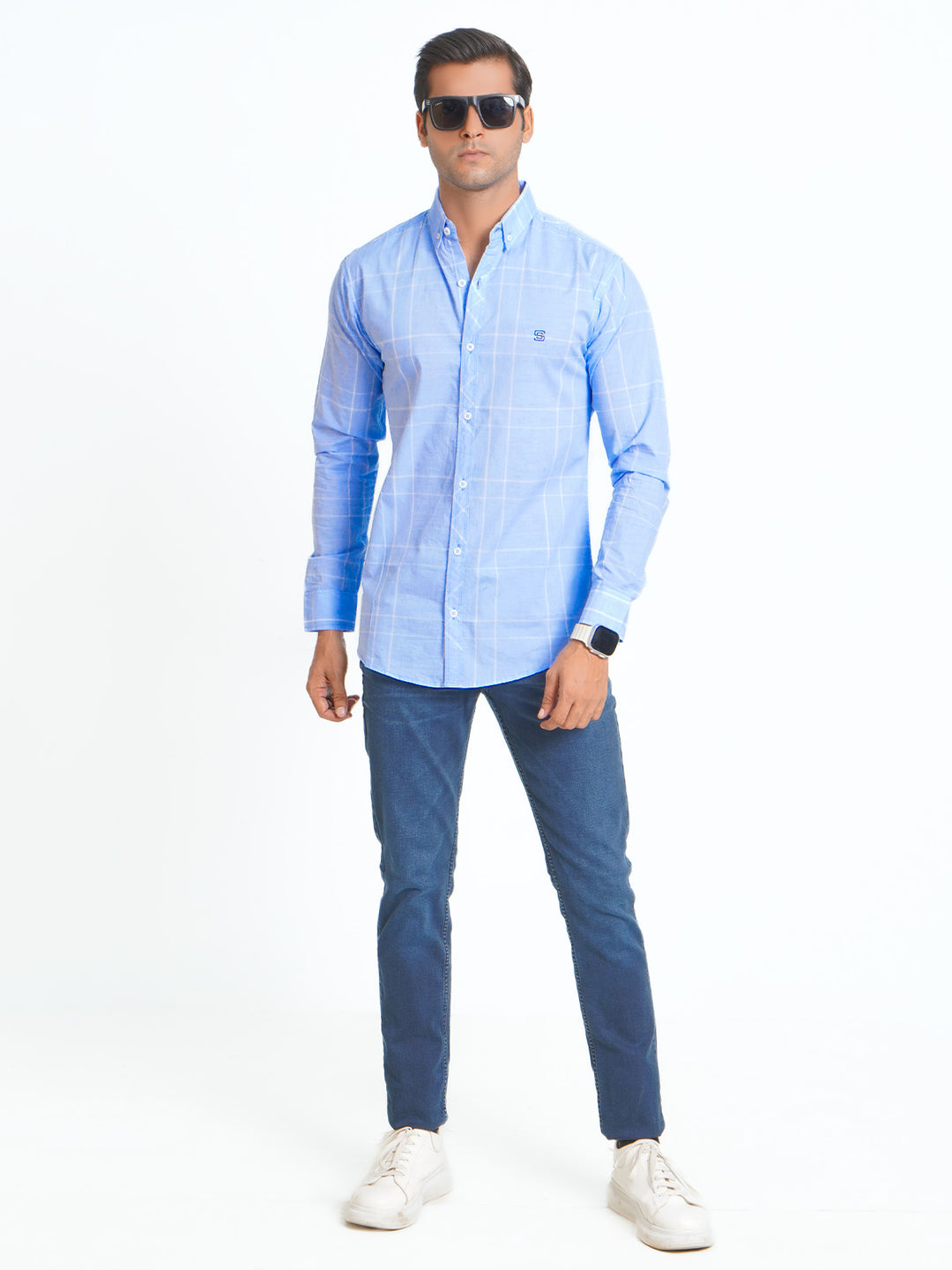 Sky Blue & White Check Button Down Casual Shirt (CSC-089)