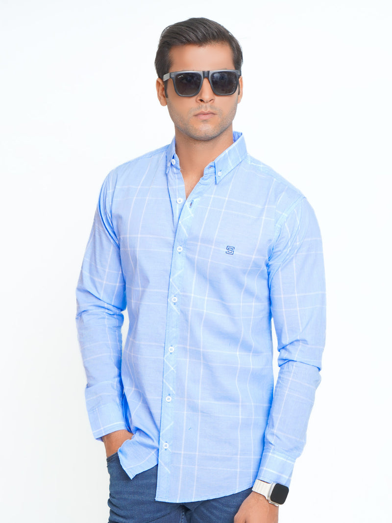 Sky Blue & White Check Button Down Casual Shirt (CSC-089)