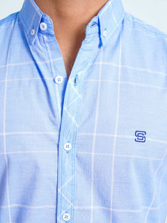 Sky Blue & White Check Button Down Casual Shirt (CSC-089)