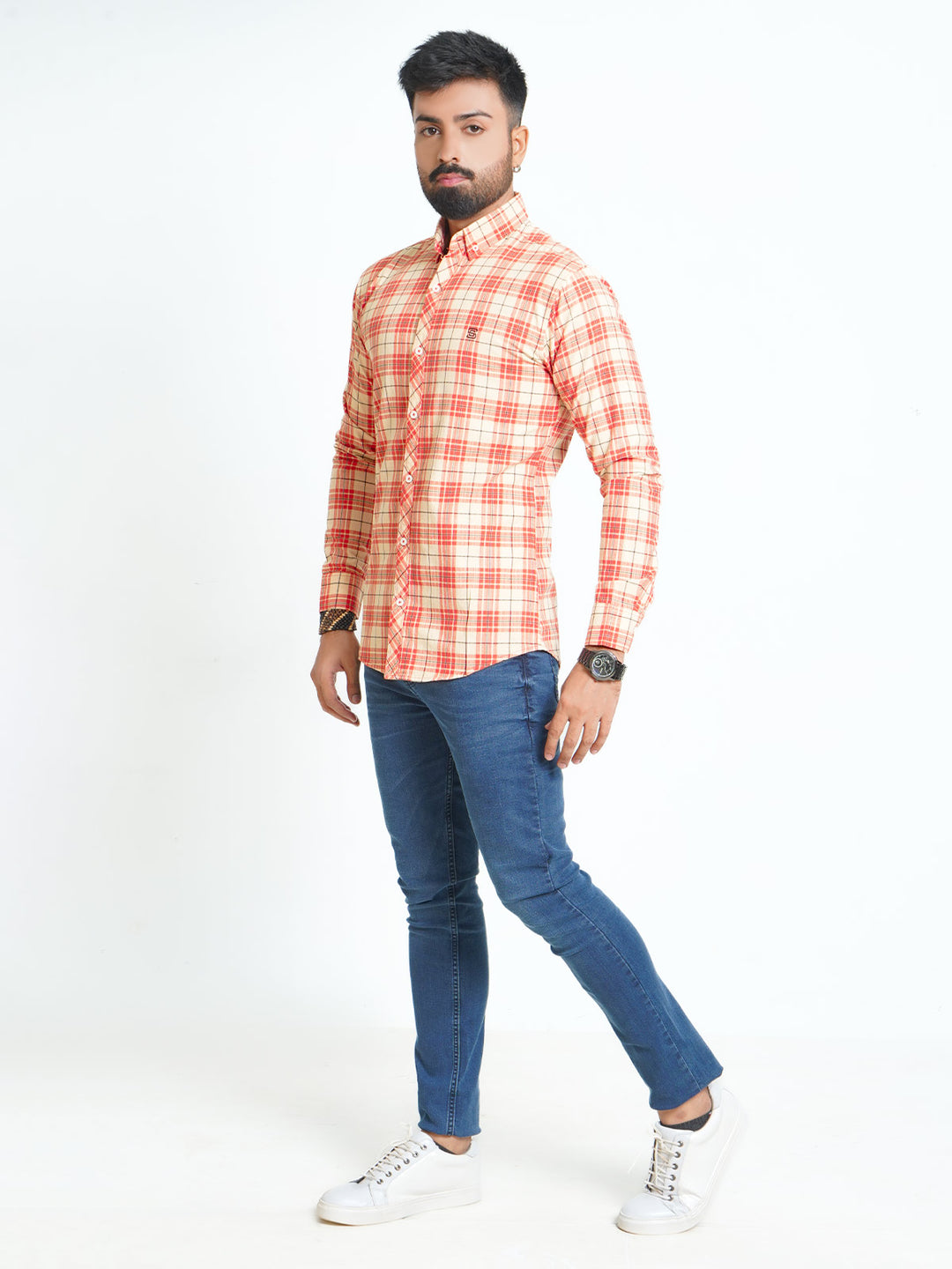 Peach Self Check Button Down Casual Shirt (CSC-090)