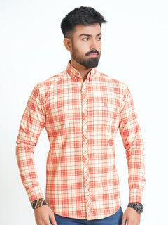 Peach Self Check Button Down Casual Shirt (CSC-090)